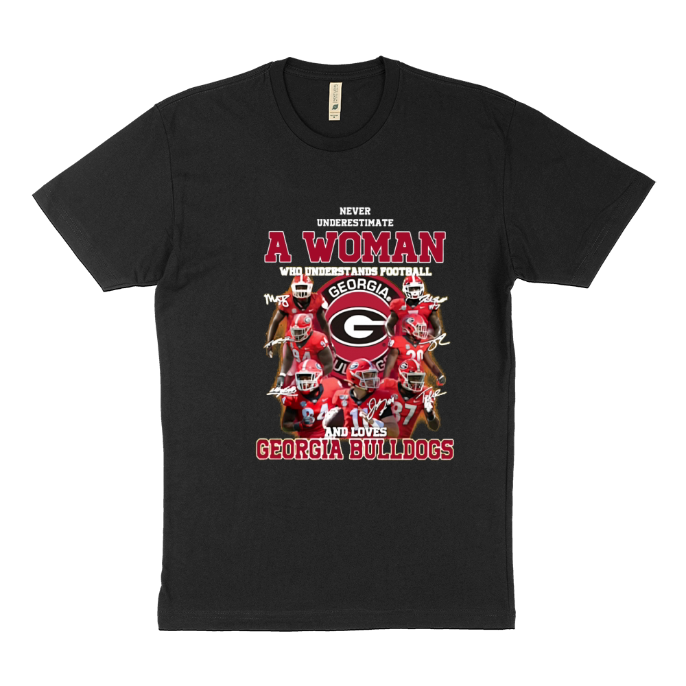 Never underestimate a woman who understands Georgia Bulldogs shirt Sustainable T-Shirt
