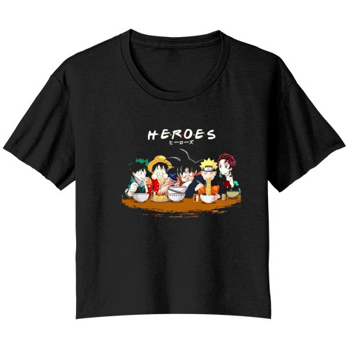Mashup Heroes characters Anime eat together shirt Bella Ladies Flowy Crop T-shirt