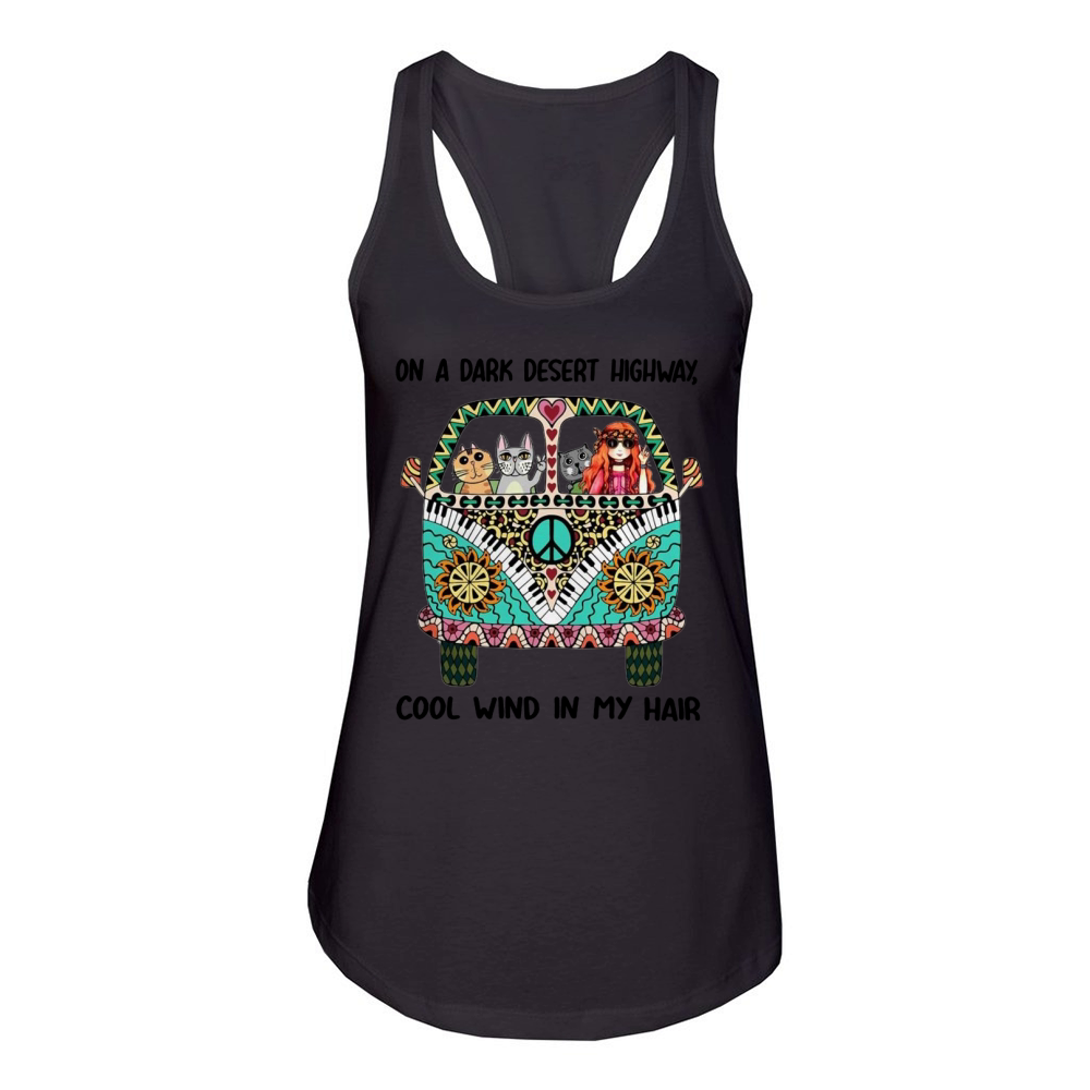 On A Dark Desert Highway Cool Wind In My Hair Cats and Hippie Girl shirt Women's Racerback Tank