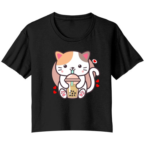Cute Cat Boba Tea Bubble Tea Anime Japanese Neko Bella Ladies Flowy Crop T-shirt