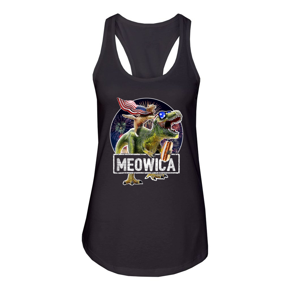 Meowica American Flag Cat T Rex Dinosaur 4th Of July shirt Women's Racerback Tank