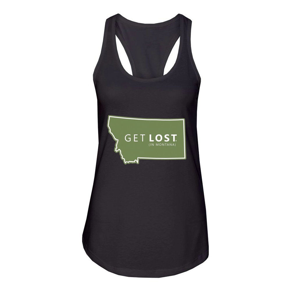 GET LOST IN MONTANA MT STATE DECAL Women's Racerback Tank