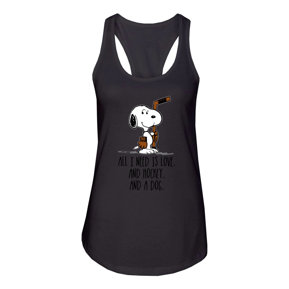 Snoopy all i need is love and hockey and a dog Women's Racerback Tank