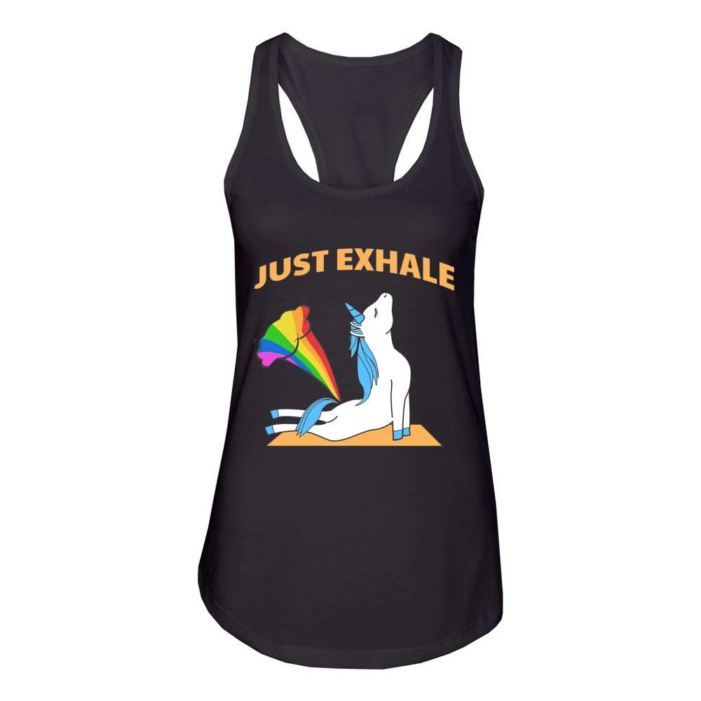 Funny Unicorn Yoga Farting Rainbow Just Exhale T Shirt Women's Racerback Tank