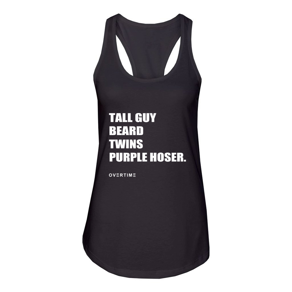 tall guy beard twins purple hoser Women's Racerback Tank