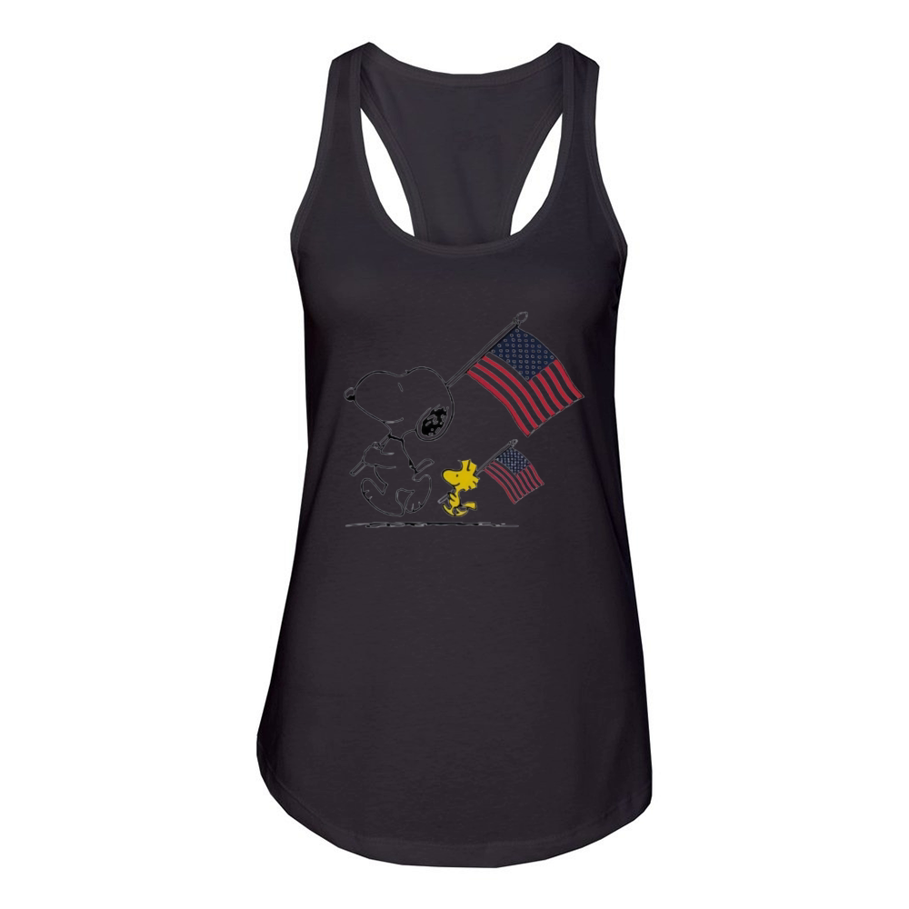 Snoopy and Woodstock holding American flag 4th of july shirtn Women's Racerback Tank