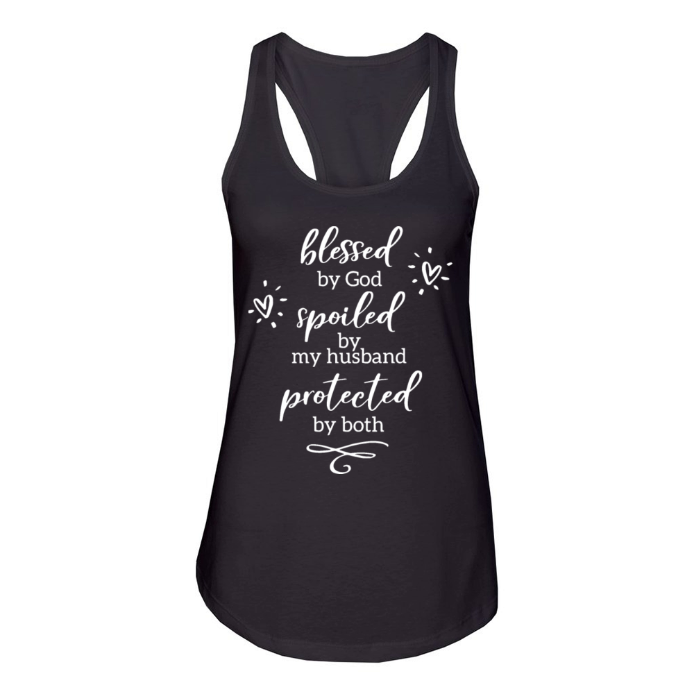 blessed by god spiled by my husband protected by b Women's Racerback Tank