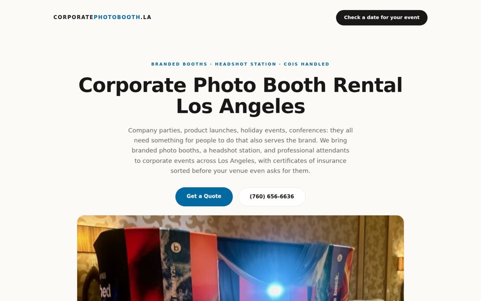 The corporatephotobooth.la home page