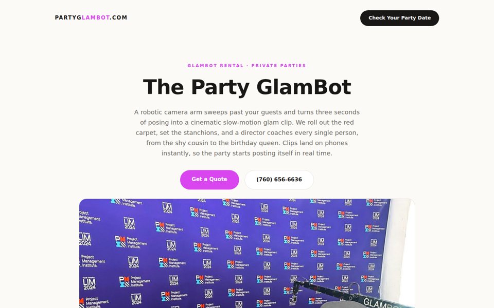 The partyglambot.com home page
