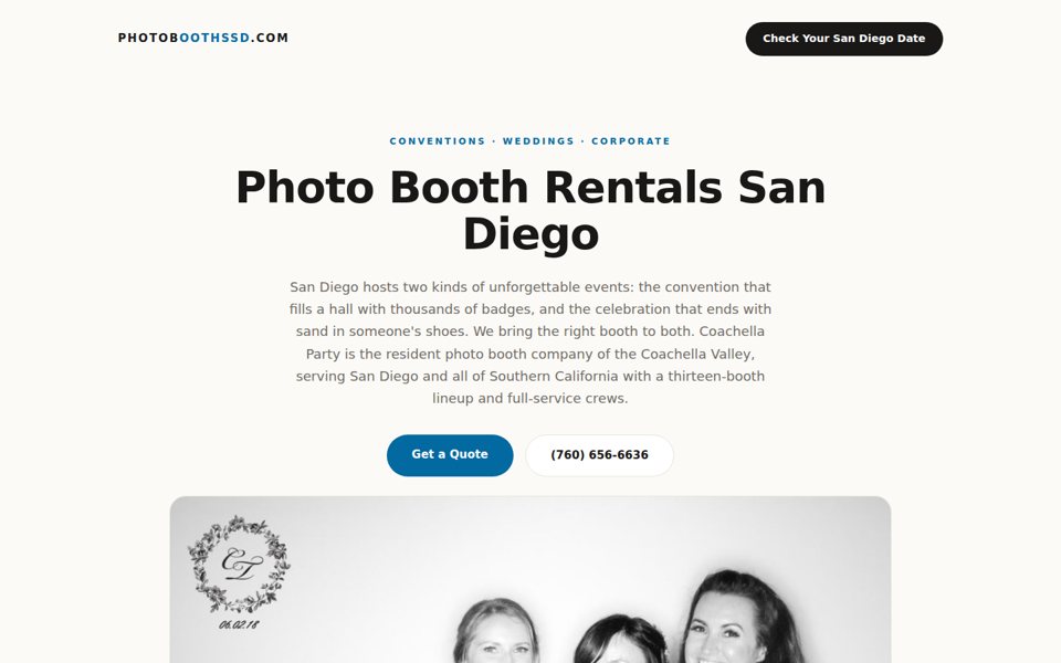 The photoboothssd.com home page