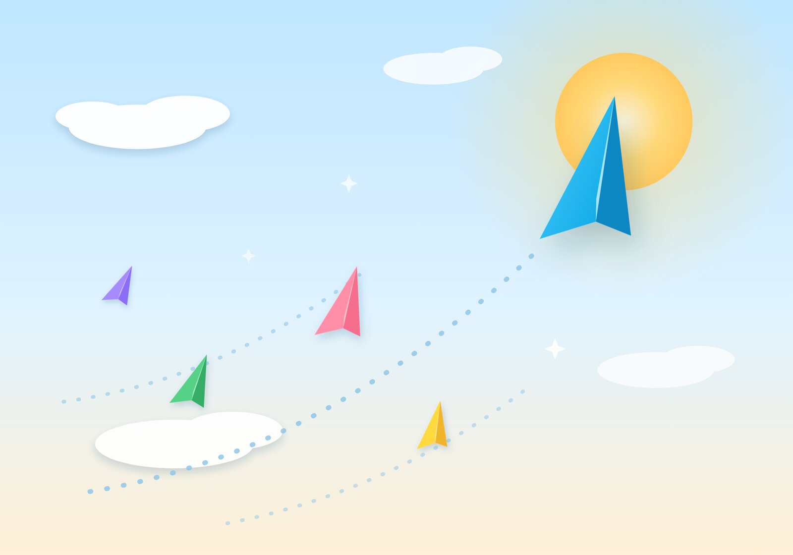 Colorful paper planes taking off together into a morning sky