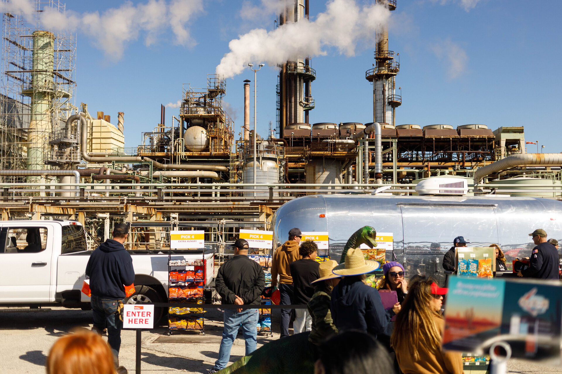 Employees lining up at the Airstream snack stations inside the Chevron El Segundo Refinery
