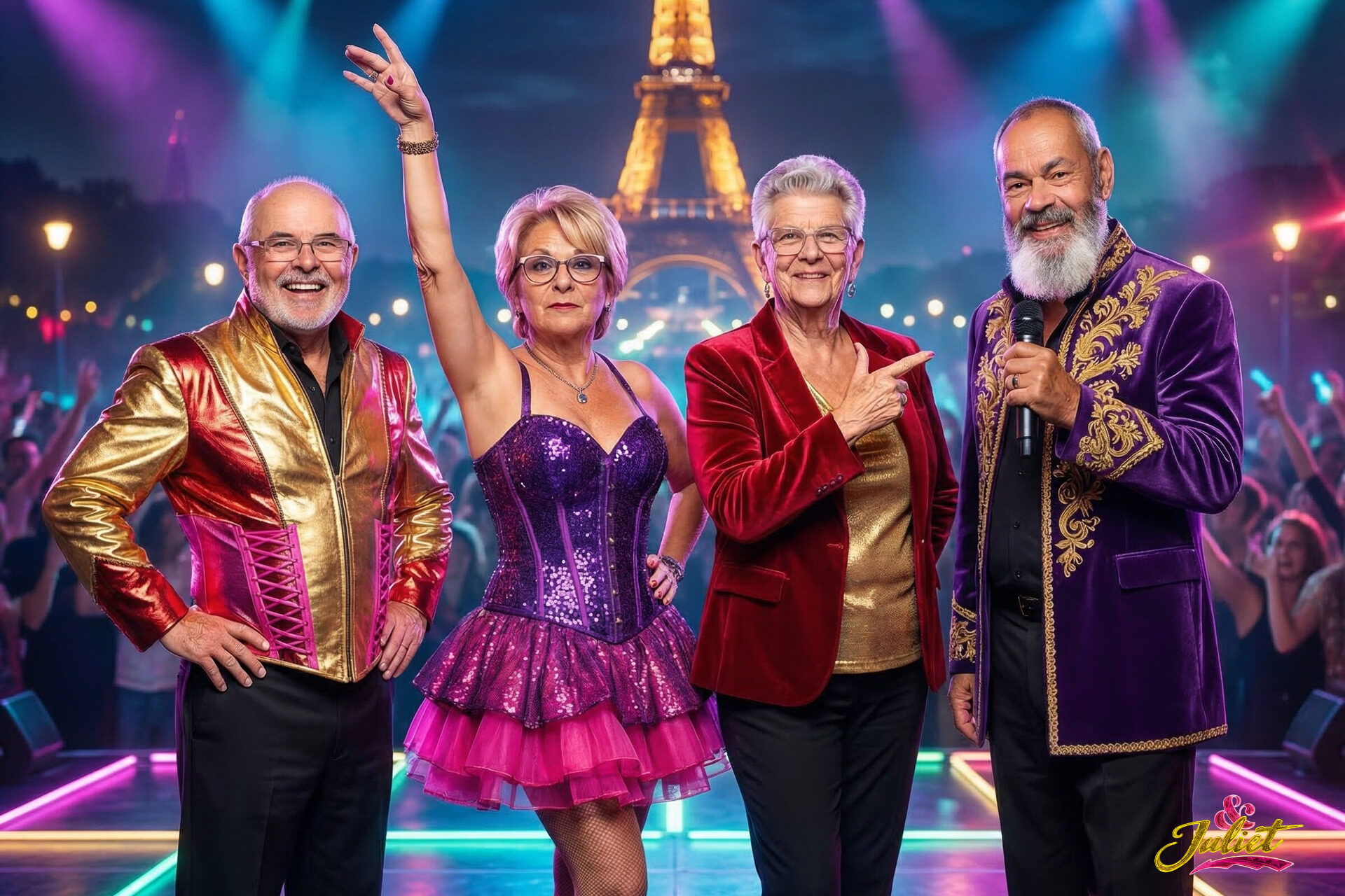 AI group photo from a corporate event placing four guests on a musical theater stage in front of the Eiffel Tower