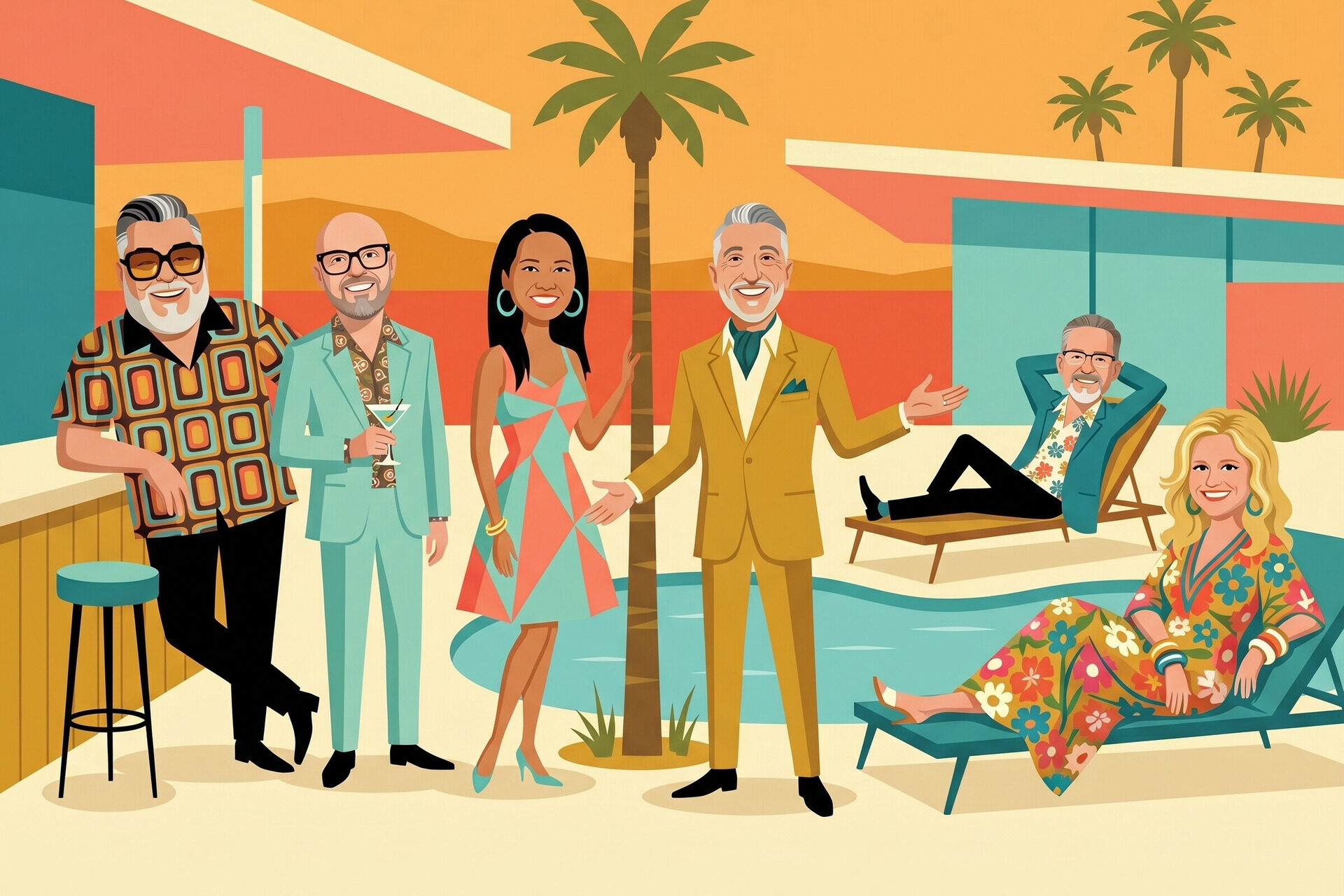 Illustrated AI photo style showing guests at a midcentury Palm Springs pool party