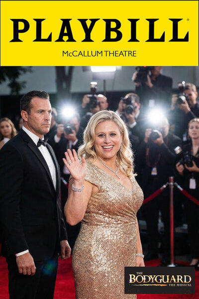 AI photo experience as a Playbill cover for The Bodyguard at McCallum Theatre: a guest in a gold sequined gown waves on the red carpet amid a wall of paparazzi flashes, her tuxedoed bodyguard along…