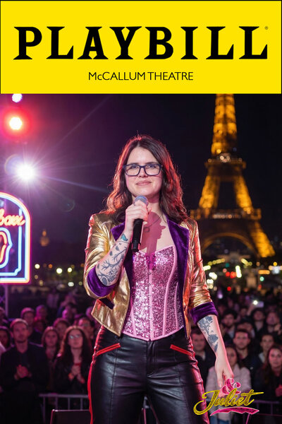 AI photo experience as a Playbill cover for & Juliet at McCallum Theatre: a guest becomes a pop-rock star singing into the mic on a Paris stage, the Eiffel Tower glowing behind a live crowd.