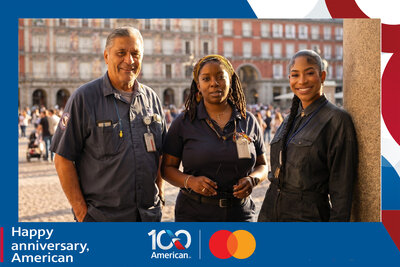 AI travel photo experience for American Airlines' 100th anniversary with Mastercard: three guests pose in the Plaza Mayor of Madrid, Spain.