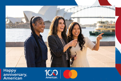 AI travel photo experience for American Airlines' 100th anniversary with Mastercard: three guests laughing in front of the Sydney Opera House and Harbour Bridge, Australia.