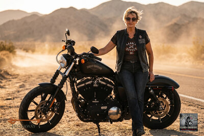 AI photo experience: a guest styled as a biker in a Rabble Rouser MC cut leans on a Harley-Davidson on a desert highway at sunset. Branded for Hideaway.