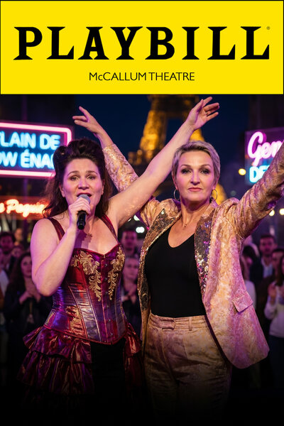 AI photo experience as a Playbill cover for McCallum Theatre: two guests perform a Parisian cabaret number - one singing in a jeweled corset, the other in a gold sequined jacket with arms raised -…