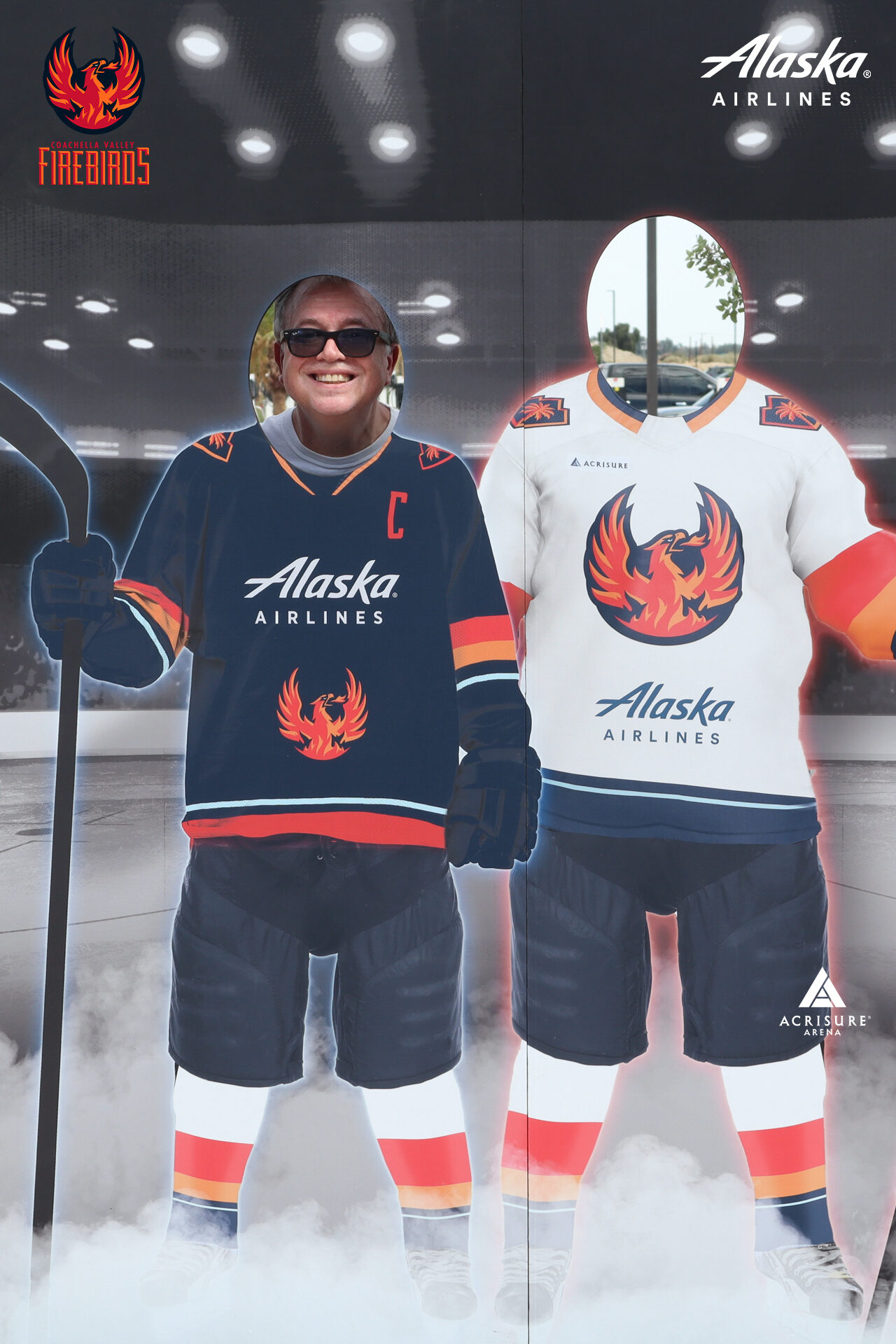 Photo cutout of two people in Alaska Airlines and Firebirds jerseys
