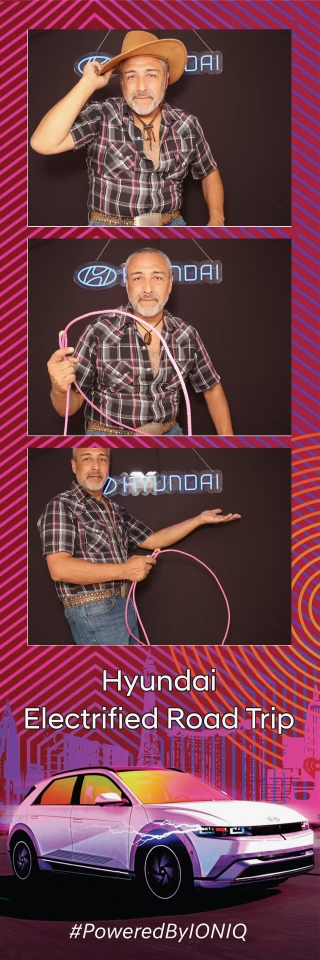 Branded Hyundai Electrified Road Trip photo strip of a guest in a cowboy hat with a lasso