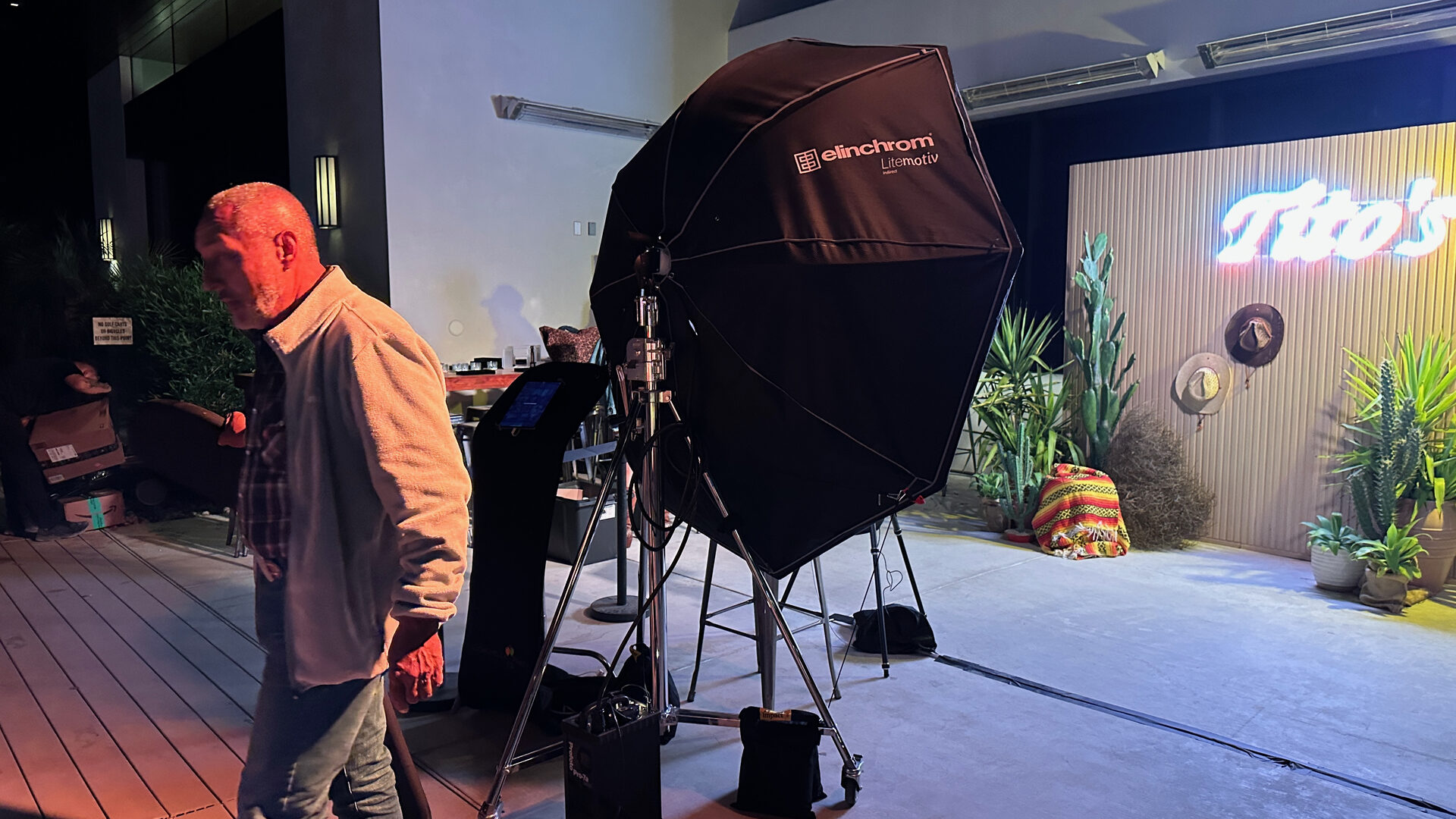 Fashion Booth studio set up outdoors at dusk with the backdrop lit