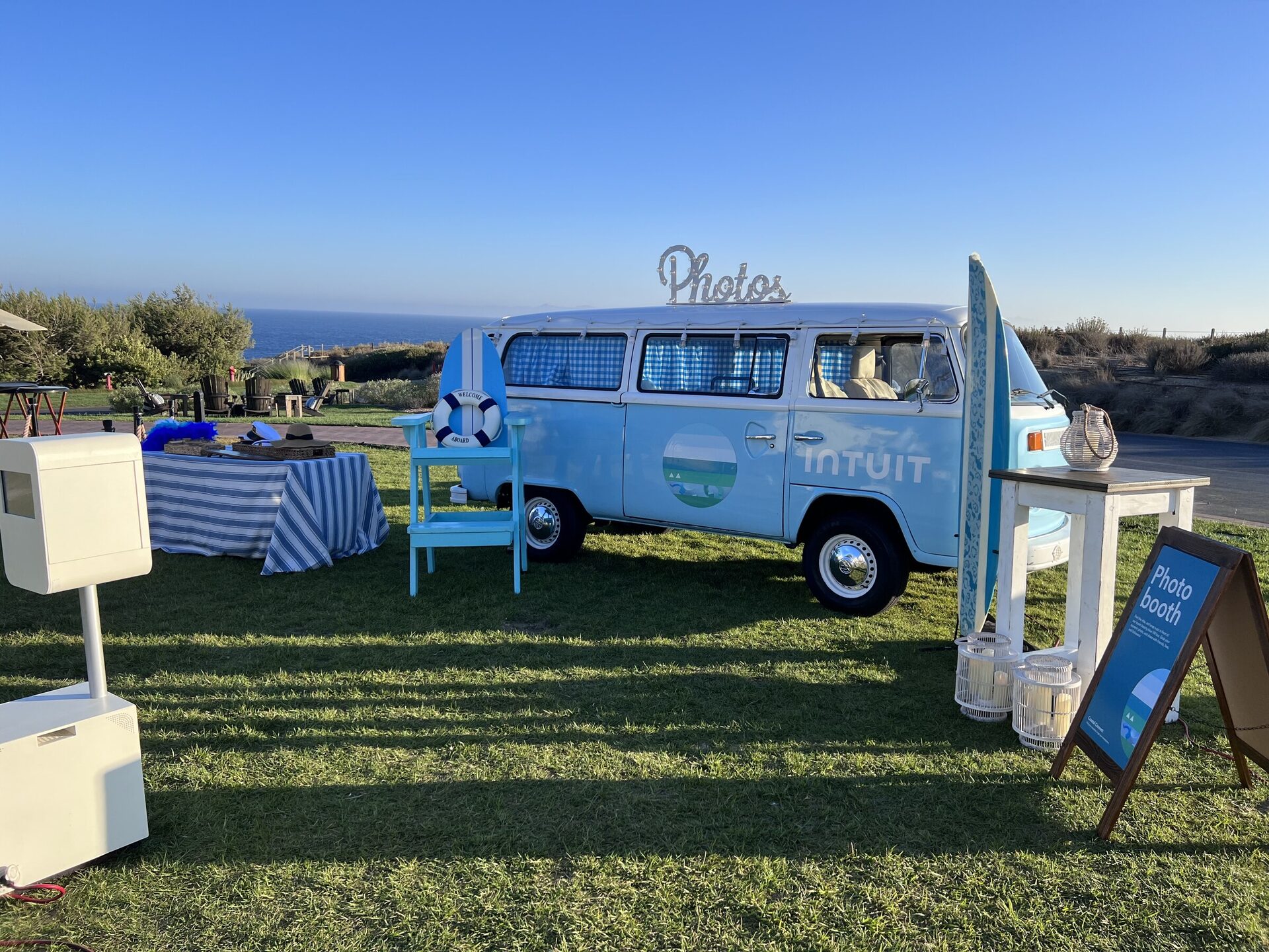 The Coachella Party VW photo bus branded for Intuit on the ocean lawn at Terranea Resort, Rancho Palos Verdes