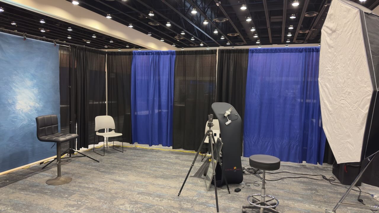Blue backdrop headshot setup empty