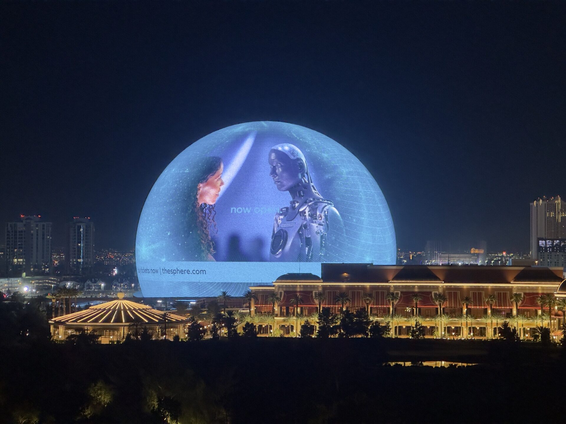 The Sphere lit up at night on the Las Vegas Strip