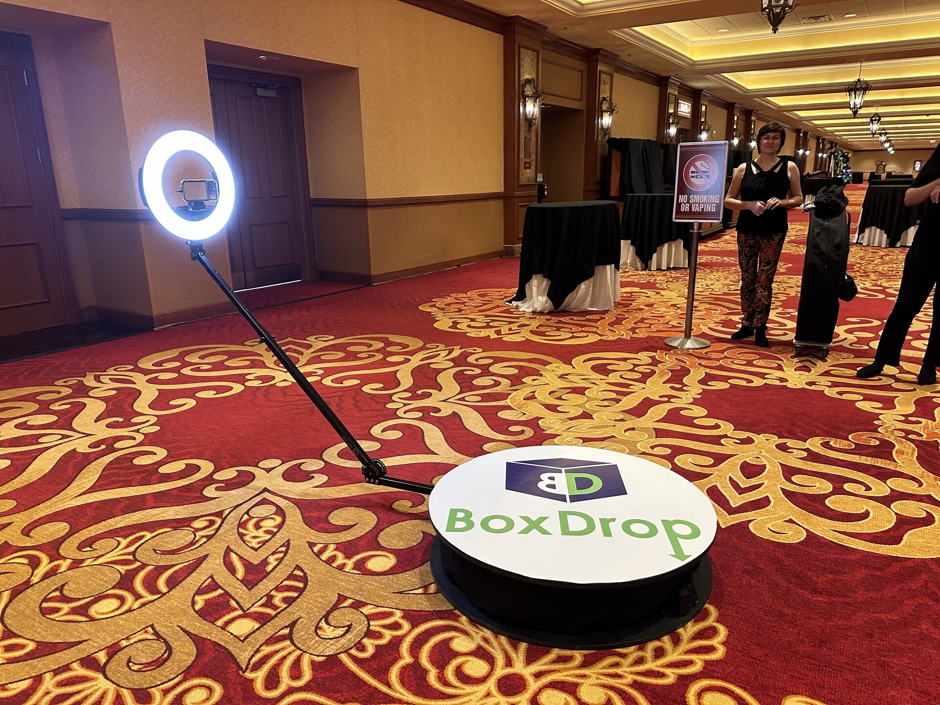 A 360 photo booth platform set up on the patterned ballroom carpet at South Point, Las Vegas