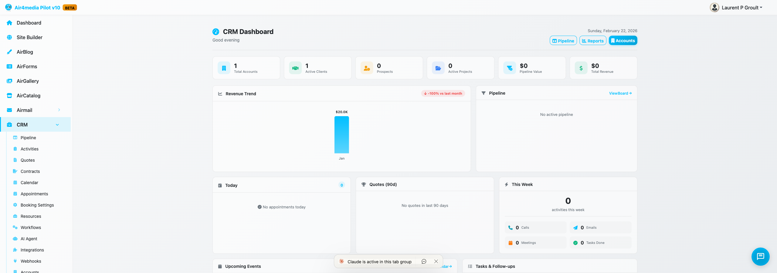 CRM Dashboard showing pipeline overview, recent activities, and key metrics