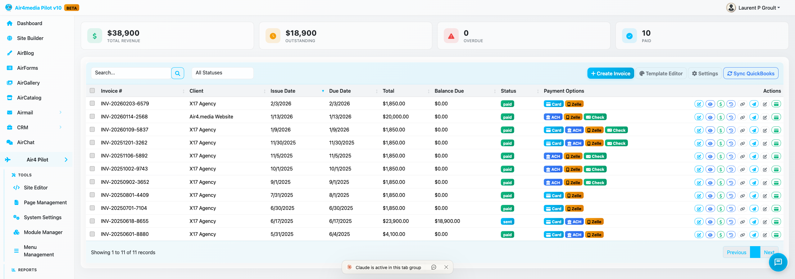Invoicing page showing quotes and invoices list with status tracking