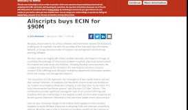 
							         Allscripts buys ECIN for $90M | Healthcare IT News								  
							    