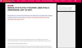 
							         BENUE STATE POLYTECHNIC (BEN POLY) ADMISSION LIST IS ...								  
							    
