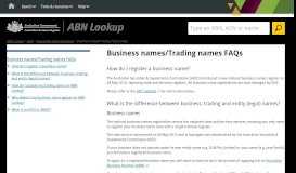 
							         Business names/Trading names FAQs | ABN Lookup								  
							    