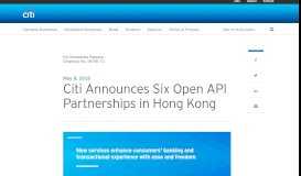 
							         Citi Announces Six Open API Partnerships in Hong Kong - Citigroup								  
							    