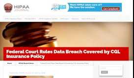 
							         Federal Court Rules Data Breach Covered by CGL Insurance Policy								  
							    