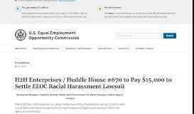 
							         H2H Enterprises / Huddle House #670 to Pay $15,000 to Settle EEOC ...								  
							    