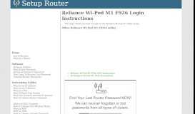 
							         How to Login to the Reliance Wi-Pod M1 F926 - SetupRouter								  
							    