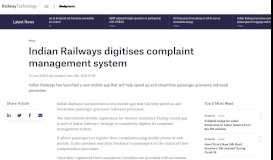 
							         Indian Railways digitises complaint management system								  
							    