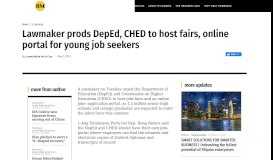 
							         Lawmaker prods DepEd, CHED to host fairs, online portal for young ...								  
							    