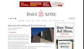 
							         Man dies after falling off BLVD 63 balcony – The Daily Aztec								  
							    