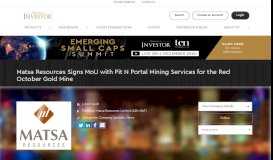 
							         Matsa Resources Signs MoU with Pit N Portal Mining Services for the ...								  
							    