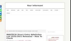 
							         MAUTECH Direct Entry Admission List 2018/2019 Released - How To ...								  
							    