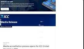 
							         Media accreditation process opens for ICC Cricket World Cup 2019								  
							    
