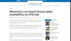 
							         Motorists can check license plate availability on LTO site | Inquirer News								  
							    