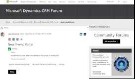 
							         New Event Portal - Microsoft Dynamics CRM Forum Community Forum								  
							    