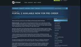 
							         News - PORTAL 2 AVAILABLE NOW FOR PRE-ORDER - Steam								  
							    