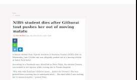 
							         NIBS student dies after Githurai tout pushes her out of moving matatu								  
							    